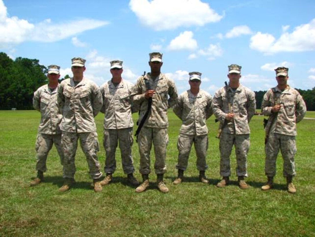 17 Jul 2015 - From left to right Alpha Coach of the week Cpl Piechowski, Michael L., Alpha High shooter Sgt Greendonahue, Eamon P with 2D Radio BN shot a 337, Bravo Coach of the week Sergeant Loyd, Brandt M., Bravo High Shooter, LCpl Morrison, Jeremiah J. with 8th ESB shot a 337, Charlie Range Coach Of the week Sgt Jasper, Eric E., Charlie Range High Shooter, Capt Brown Richard A. with 2D tanks shot a 332 and Cpl Standford, Kyle W. with 2D tanks shot a 332