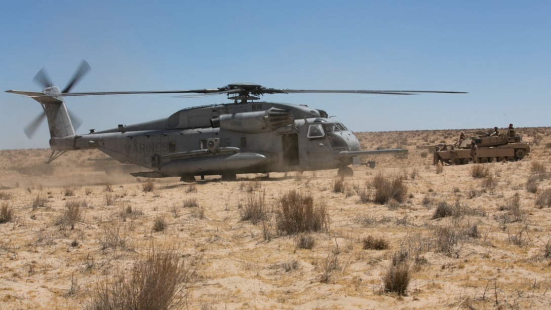 A CH-53 Super Stallion prepares to depart after a refueling exercise at Acorn Training Area, July 16, 2015. The CH-53 brought 800 lbs. of fuel to 1st Tank Battalion during their company gunnery. 