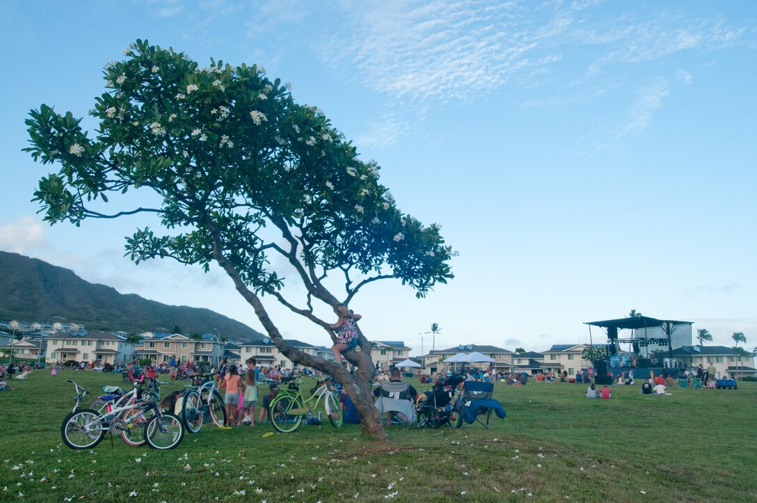 Children parked their bikes and climbed a plumeria tree for a view of one of the free concerts in the Summer Concert Series held July 17, 2015 in Mololani Community Park. Members of the U.S. Marine Corps Forces, Pacific Band played modern and classic pop songs while the audience relaxed in the open field. The final summer concert at Kaneohe Bay is scheduled for Aug. 21, 2015 in the park before the band plays at Manana Housing Complex, Aug. 28, 2015. (U.S. Marine Corps photo by Christine Cabalo/Released)