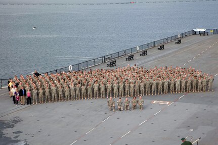 Members of the Army National's Guard Resilience Trainer Course stand on the flight deck of the USS Midway in San Diego Harbor, April 29, 2011. The course gave Soldiers the skills to assist Master Resilience Trainers for the Guard's Resilience and Risk Reduction and Army Comprehensive Soldier Fitness programs.