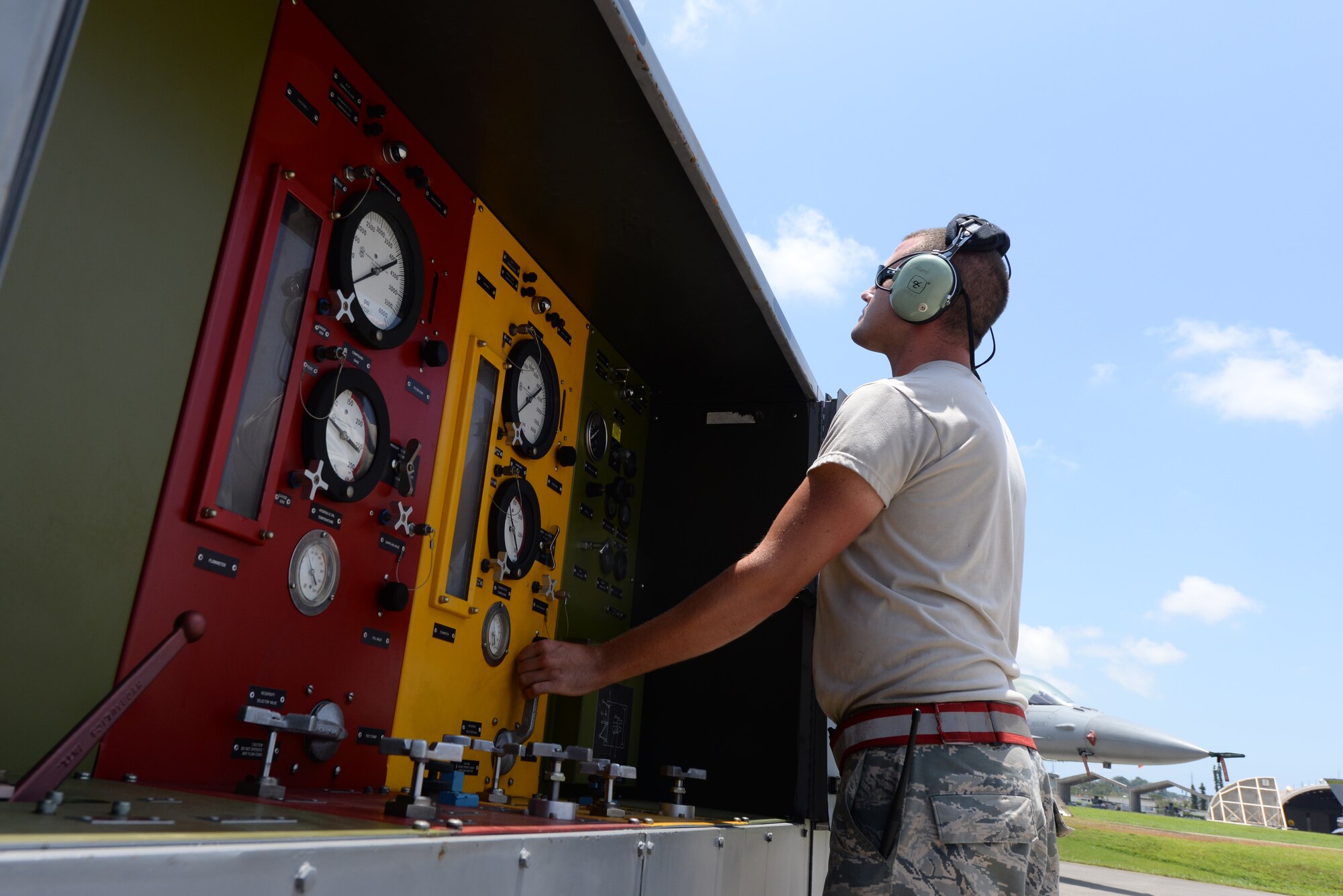 A U.S. Air Force Airman from the 158th Fighter Wing monitors the systems of an F-16 Fighting Falcon during a safety inspection. Aircraft maintainers follow every established procedure to ensure that their aircraft is prepared for flight and will not affect the safety of the local community. The Vermont Air National Guard, also known as the Green Mountain Boys, are currently deployed to Kadena to enhance regional security in the Indo-Asia-Pacific region and demonstrate the U.S. commitment to stability in the region. (U.S. Air Force photo by Senior Airman Omari Bernard/Released)
