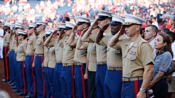 Marines from the National Capitol Region salute during the playing of the National Anthem, July 21, 2015, at Nationals Park in Washington. The Washington Nationals hosted a Marine Corps Day to honor Marines who serve and who have served in the past. The event featured Lt. Gen. Ronald L. Bailey, deputy commandant, Plans, Policies and Operations, Headquarters Marine Corps, and Sgt. Maj. Ronald L. Green, the 18th Sergeant Major of the Marine Corps. 
