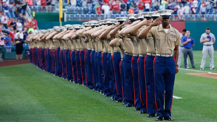 Marines from the National Capitol Region salute during the playing of the National Anthem, July 21, 2015, at Nationals Park in Washington. The Washington Nationals hosted a Marine Corps Day to honor Marines who serve and who have served in the past. 