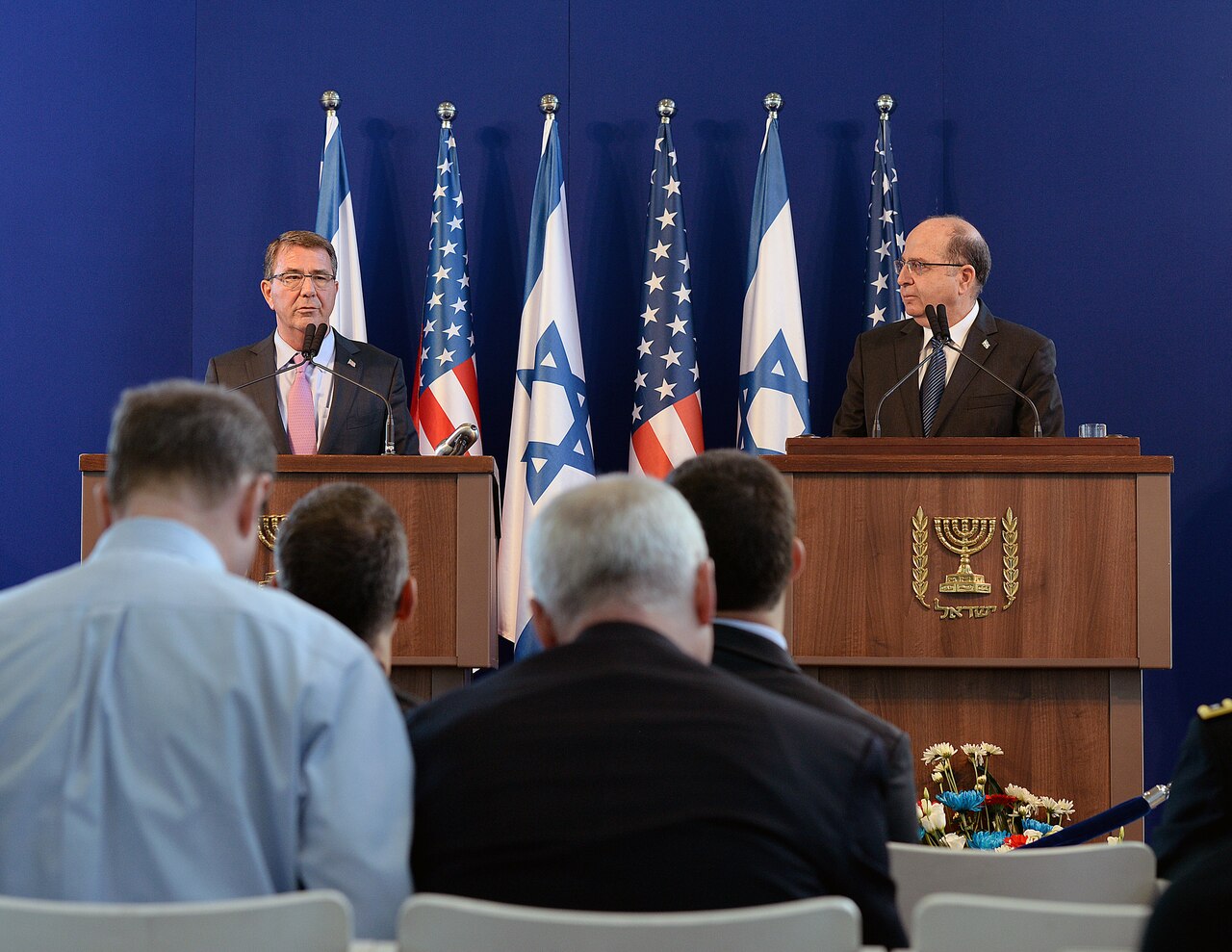 Secretary of Defense Ash Carter and Israeli Defense Minister Moshe Yaalon answer questions during a joint press conference held at the Israeli defense ministry in Tel Aviv, July 20, 2015. DoD photo by U.S. Army Sgt. 1st Class Clydell Kinchen