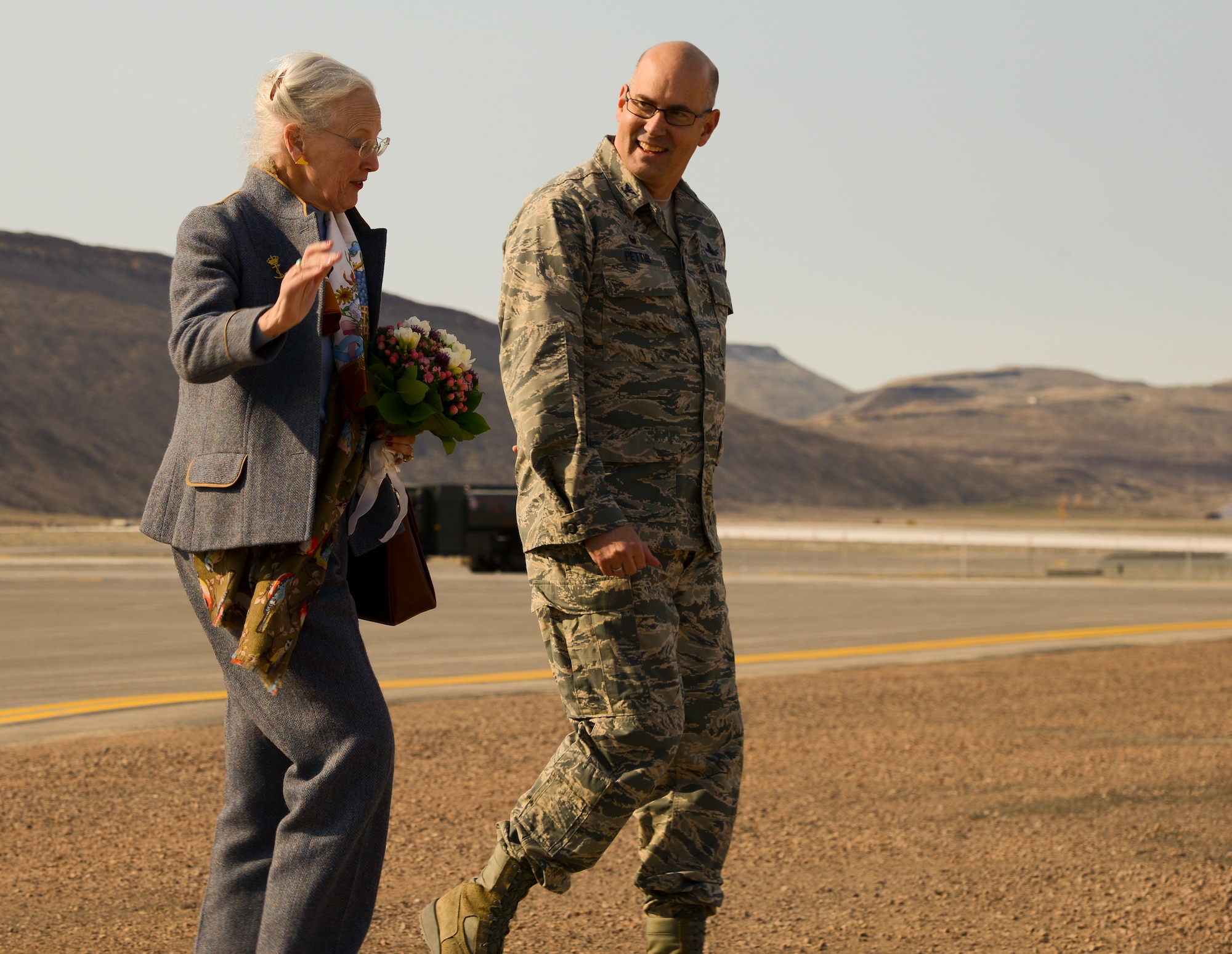 THULE AIR BASE, Greenland – Her Majesty The Queen of Denmark Margrethe II is escorted from the air field by Col. Stuart Pettis, 821st Air Base Group commander and senior U.S. official in Greenland, during a visit to Thule Air Base, Greenland on July 10, 2015. The Queen typically visits Greenland annually and received several briefings about the Thule mission. (U.S. Air Force photo by Tech. Sgt. Jared Marquis)
