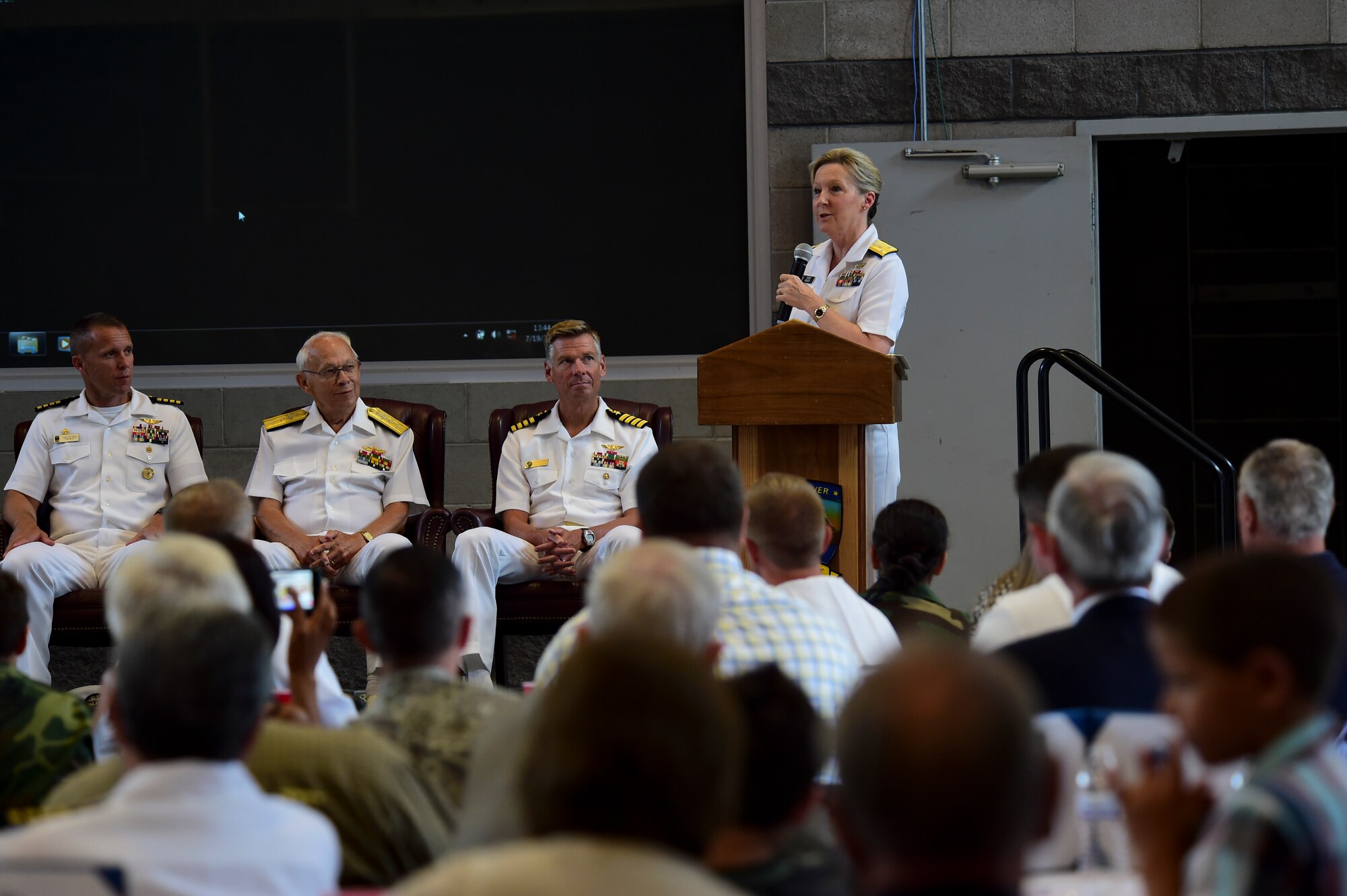 Vice Adm. Robin R. Braun, Chief of Navy Reserve and Commander, Navy Reserve Force, expresses her appreciation to local employers at the Employer Appreciation Luncheon July 19, 2015, at the Navy Operations Support Center, Denver. During her speech, Braun expressed her gratitude to the attendees, explaining that part of the success of the Navy Reserve was owed to the employers who allow their employees the time necessary to serve. (U.S. Air Force photo by Senior Airman Phillip Houk/Released)