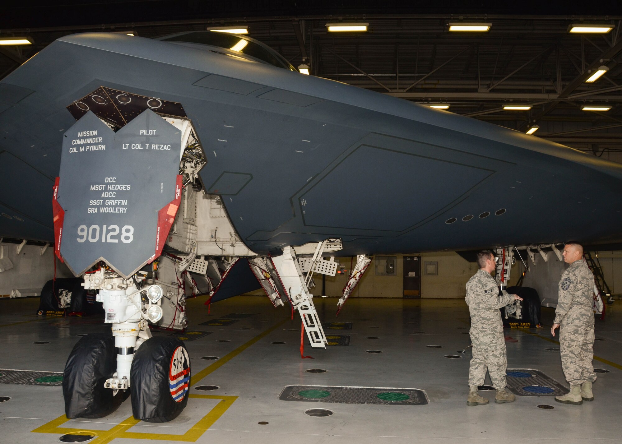 On his recent tour of the Missouri Air National Guard’s 131st Bomb Wing at Whiteman Air Force Base, Missouri State Command Chief Master Sgt. Joe Sluder (right) tours the B-2 “Spirit of Nebraska”.  (U.S. Air National Guard photo by Airman 1st Class Halley Burgess)