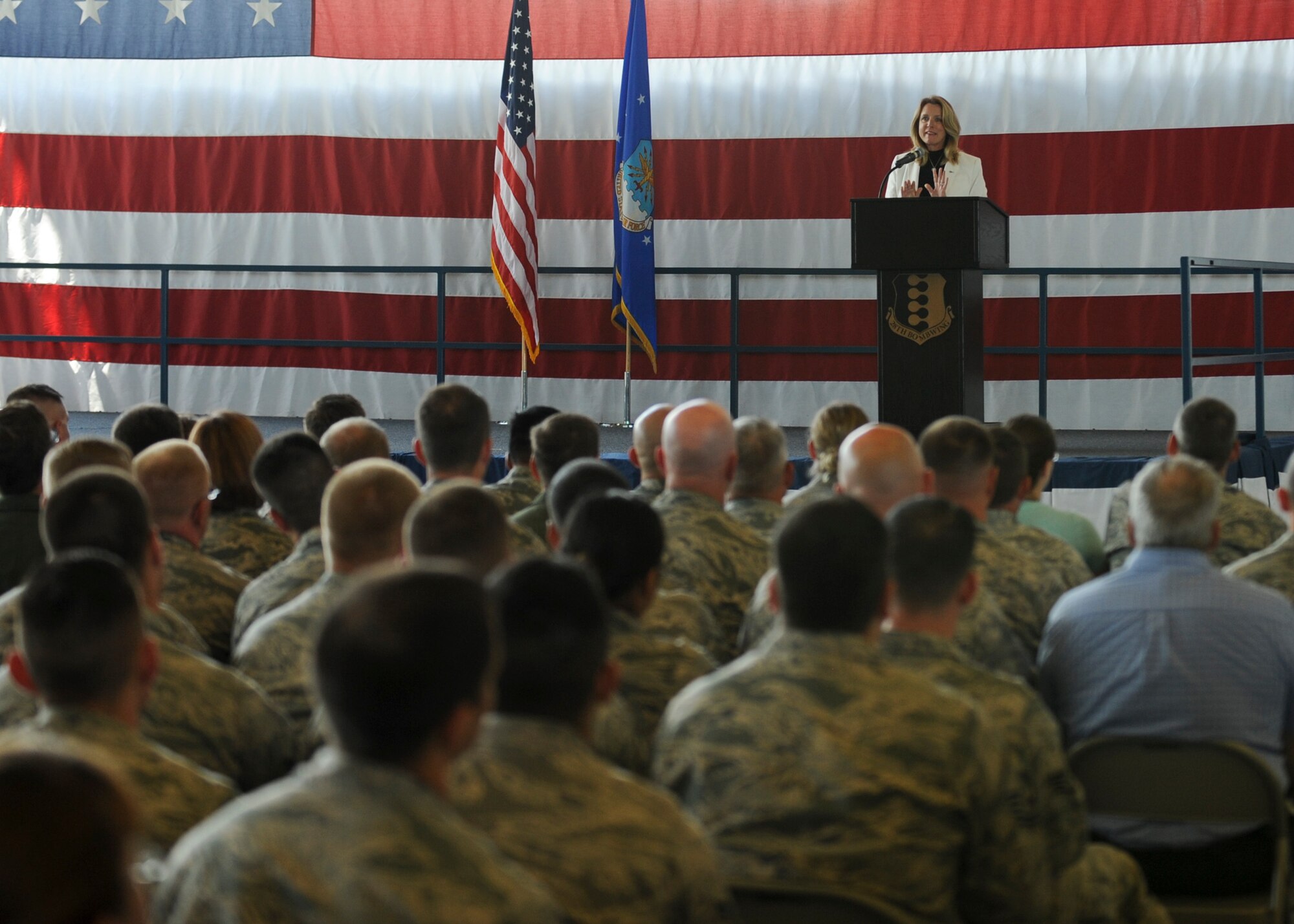 Secretary of the Air Force Deborah Lee James provides an update on Air Force issues during an all-call at Ellsworth Air Force Base, S.D., July 20, 2015. James shared current Air Force policy changes as well as outlining her priorities as Secretary of the Air Force and concluded with a question and answer session. (U.S. Air Force photo by Senior Airman Anania Tekurio/Released)
