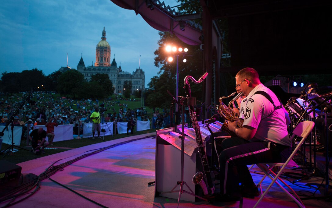 Airmen of Note, the U.S. Air Force Band’s premier jazz ensemble, performs during the 24th Annual Greater Hartford Festival of Jazz July 19, 2015, at Bushnell Park in downtown Hartford, Conn. The Airmen of Note performed for thousands in attendance outside the Connecticut capital building. (U.S. Air Force photo by Airman 1st Class Philip Bryant)