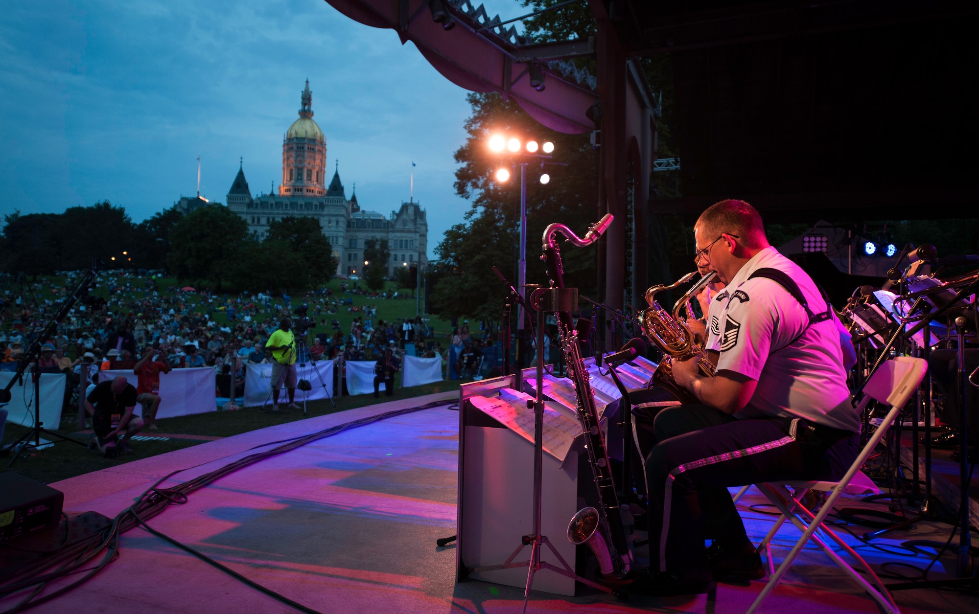 Airmen of Note, the U.S. Air Force Band’s premier jazz ensemble, performs during the 24th Annual Greater Hartford Festival of Jazz July 19, 2015, at Bushnell Park in downtown Hartford, Conn. The Airmen of Note performed for thousands in attendance outside the Connecticut capital building. (U.S. Air Force photo by Airman 1st Class Philip Bryant)