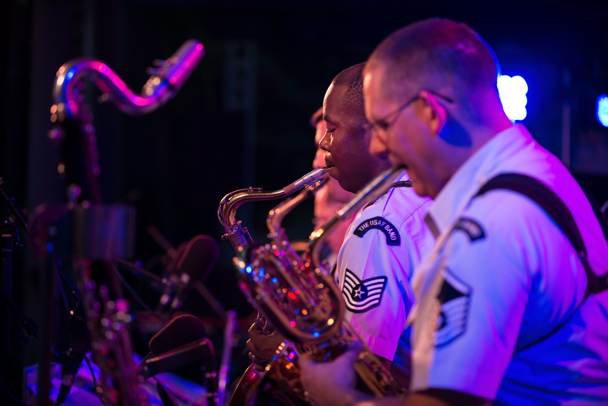 Tech. Sgt. Grant Langford, U.S. Air Force Band’s Airmen of Note tenor saxophonist, performs during the 24th Annual Greater Hartford Festival of Jazz July 19, 2015, at Bushnell Park in downtown Hartford, Conn. The saxophone section performed one song, Nodopity, separately during the concert to showcase the group’s flexibility to play within smaller groups within the band. (U.S. Air Force photo by Airman 1st Class Philip Bryant)