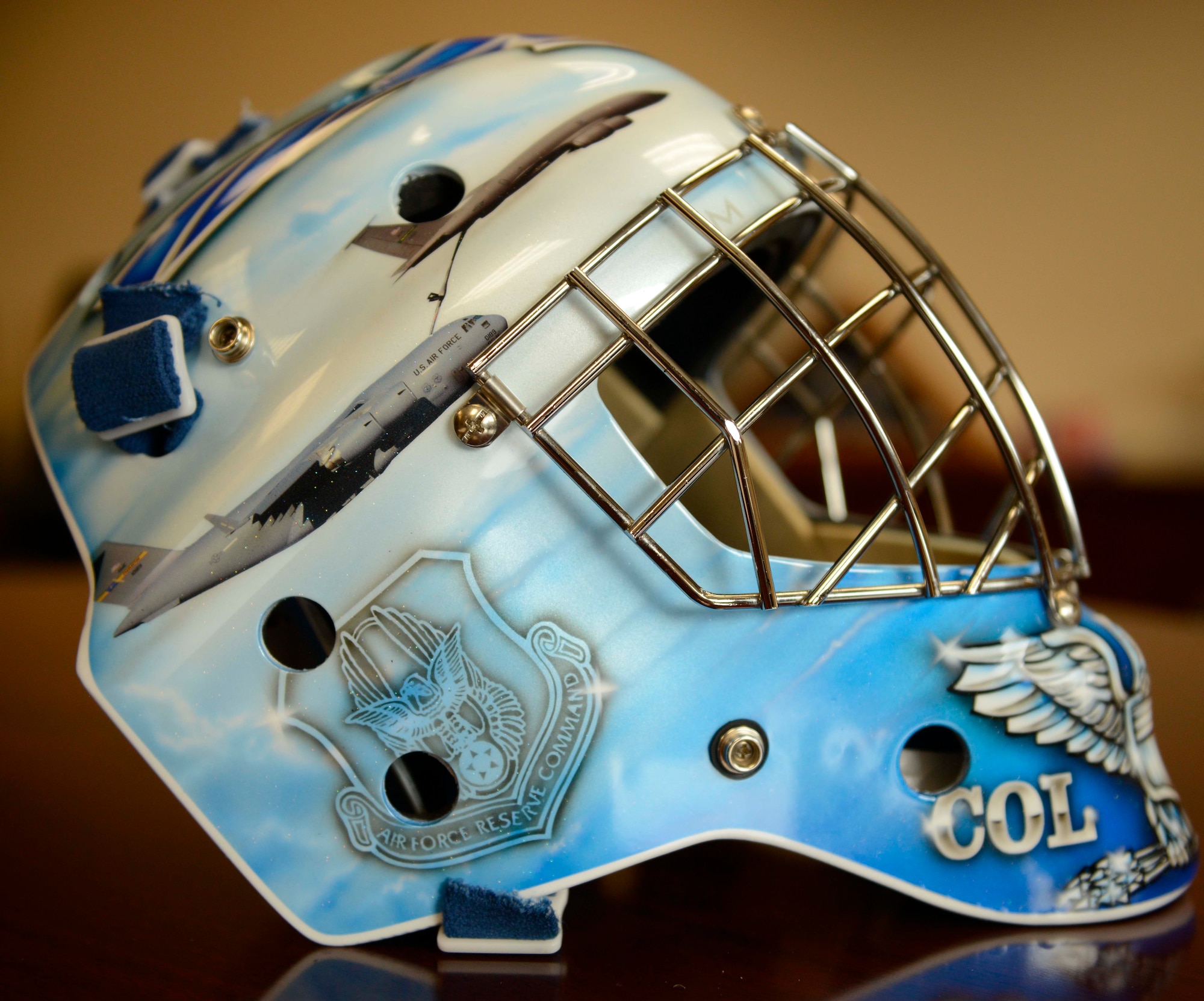 Col. Cam LeBlanc's custom Air Force Reserve themed hockey mask carries his passion for the Air Force into retirement. (Air Force Photo/Paul Zadach/Released)
