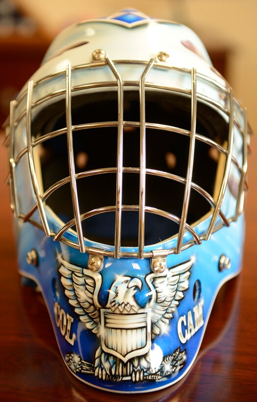 Col. Cam LeBlanc's custom Air Force Reserve themed hockey mask carries his passion for the Air Force into retirement. (Air Force Photo/Paul Zadach/Released)