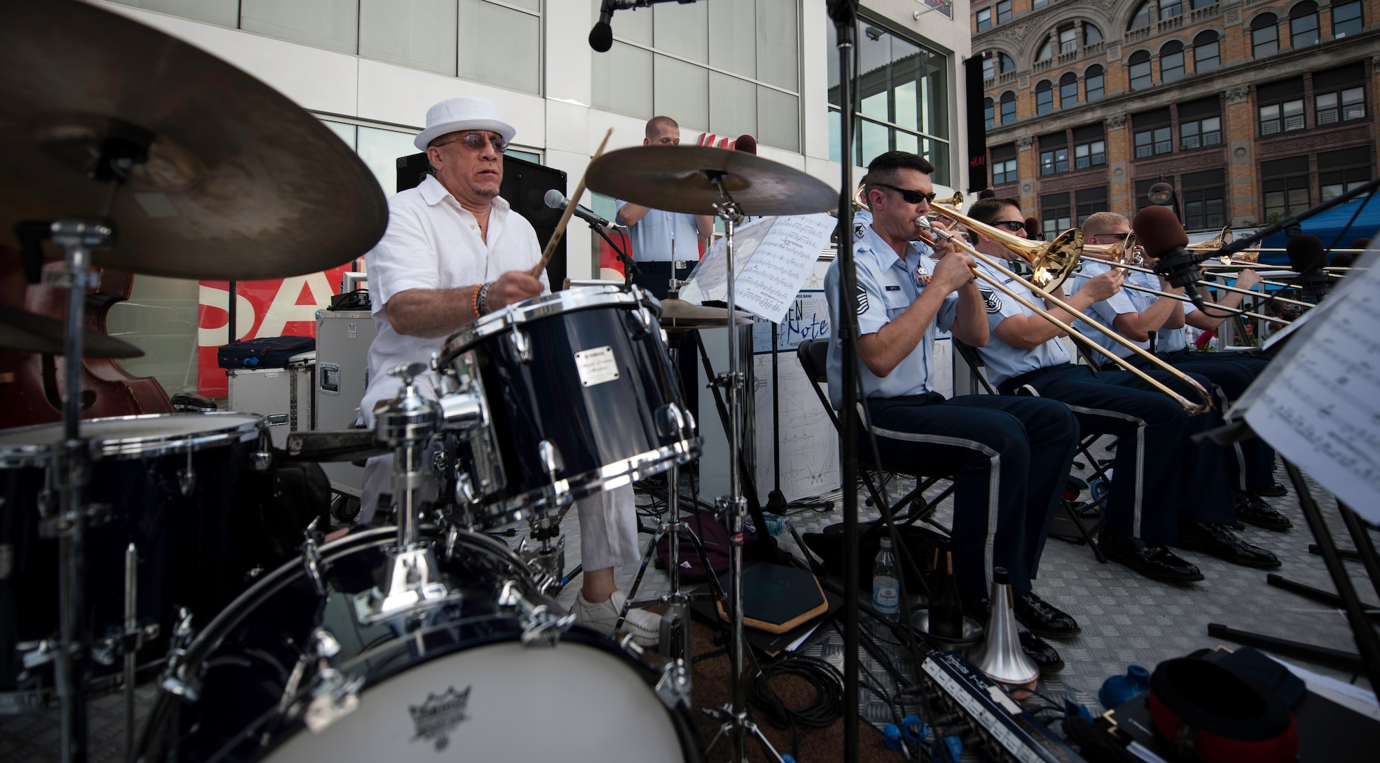 Bobby Sanabria, drummer, performs in Harlem with the U.S. Air Force Band’s Airmen of Note during the Jazzmobile’s Summerfest in New York City July 18, 2015. Sanabria, a seven-time Grammy nominated latin-jazz artist and New York native, took the lead and played two latin-jazz songs together. (U.S. Air Force photo by Airman 1st Class Philip Bryant)