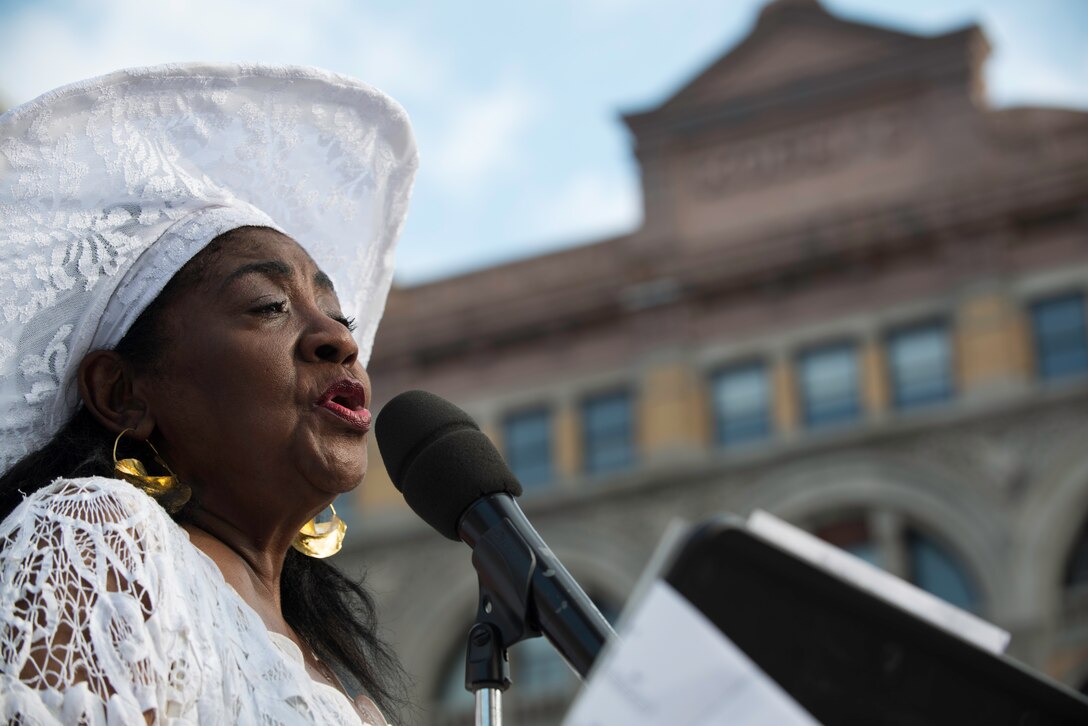 Melba Joyce, vocalist, sings in with the U.S. Air Force Band’s Airmen of Note during the Jazzmobile’s Summerfest in Harlem, New York City July 18, 2015. Joyce, a renowned jazz singer, has appeared on Broadway, toured around the world and performed for troops during the Vietnam War. (U.S. Air Force photo by Airman 1st Class Philip Bryant)