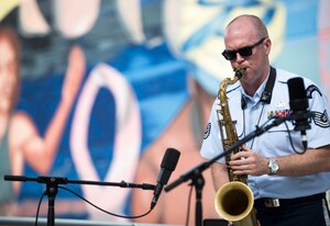 Tech. Sgt. Tedd Baker, U.S. Air Force Band’s Airmen of Note tenor saxophonist, performs at the Jazzmobile’s Summerfest in Harlem, New York City July 18, 2015. Baker, born and raised in New York, is back to perform as part of the Airmen of Note and represent the U.S. Air Force. (U.S. Air Force photo by Airman 1st Class Philip Bryant)