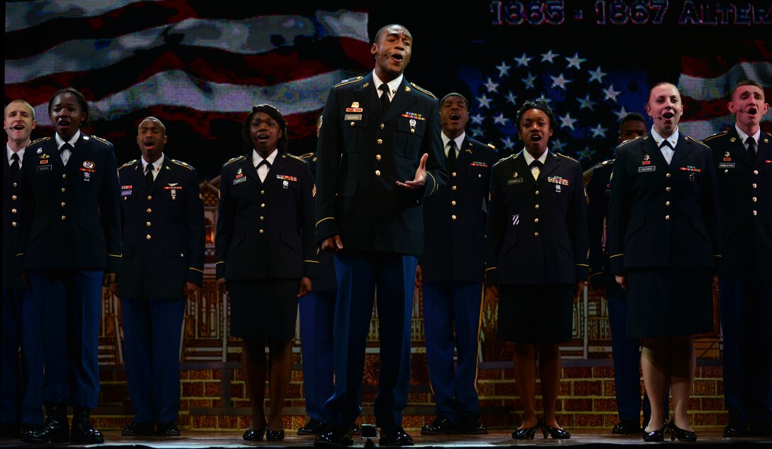 The U.S. Army Morale, Welfare and Recreation Programs Soldier Show cast performs at Fort Eustis, Va., July 15, 2015. This year’s production, “We Serve,” honors the Army’s continued service, resilience and strength with its mission to effectively inform, educate and inspire audiences into action.    (U.S. Air Force photo by Staff Sgt. Natasha Stannard/Released)
