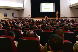U.S. Army Maj. Winston Evison, U.S. Army Human Resources Command officer in charge, reviews the noncommissioned officer rating system during an NCO evaluation report training session at Fort Eustis, Va., July 15, 2015. Key objectives of the training included helping Soldiers and supervisors understand the new NCOER forms, evaluation policy updates, how to maintain and forecast senior rater profiles, and the use of the Entry Evaluation System, or EES, which will capture the changes. (U.S. Air Force photo by Staff Sgt. Natasha Stannard/Released)