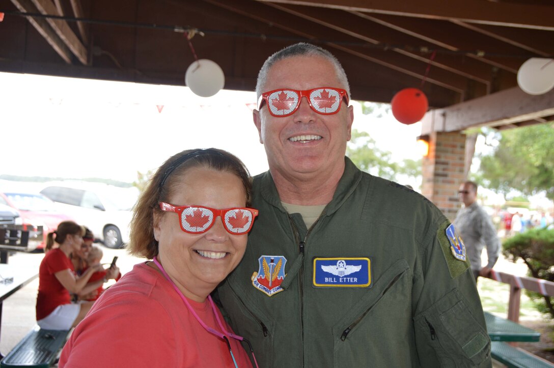Lt. Gen. William Etter,  Commander, Continental U.S. North American Aerospace Defense Region – 1st Air Force (Air Forces Northern), and his wife Sheree, get into the spirit of Canada Day July 1 at Bonita Bay. Members of the Canadian Detachment assigned to Headquarters CONR-1st AF (AFNORTH) celebrated the day that recognizes Canada’s independence from the British Empire in 1867 by hosting an afternoon of food and games (Air Force Photo Released/Maj. Kat Andrews)