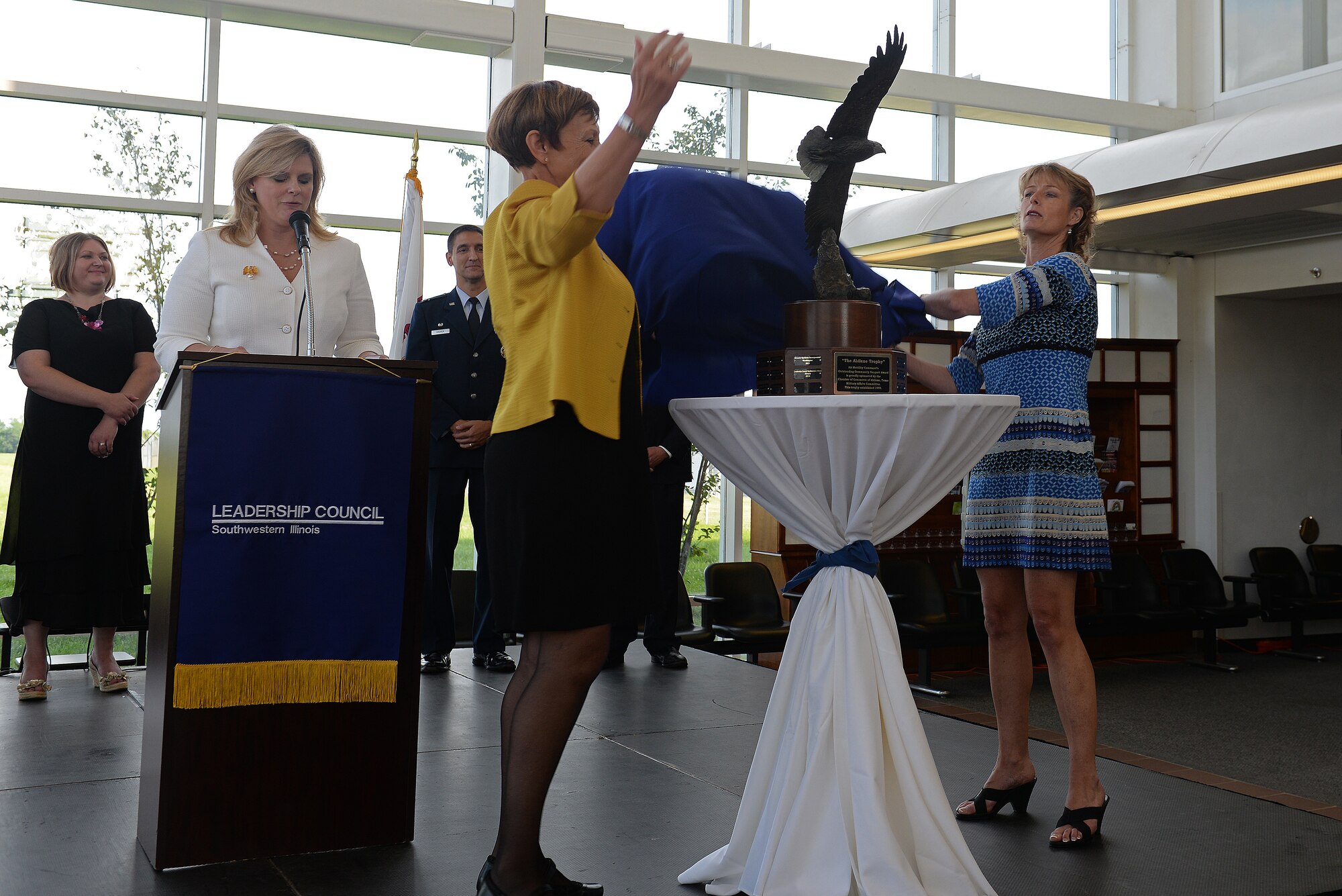 The Abilene Trophy was unveiled July 15 at MidAmerica Airport. The award was presented to the Leadership Council Southwestern Illinois in recognition of area communities’ support for Scott Air Force Base. It was the second time in three years that the region won the Abilene Trophy in recognition of its support of Scott. (U.S. Air Force photo/Airman 1st Class Erica Holbert-Siebert)