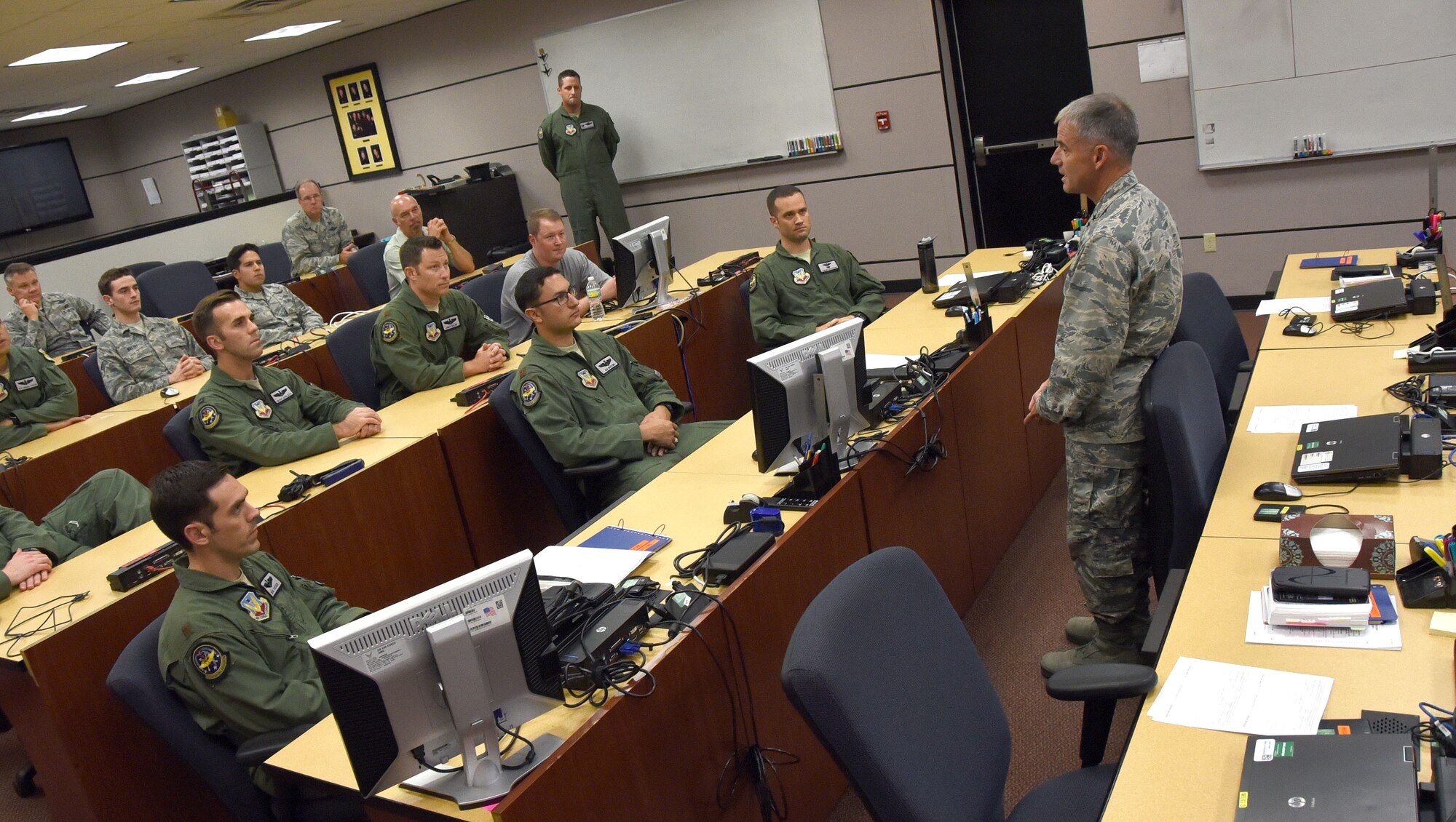 Maj. Gen. Jay Silveria, U.S. Air Force Warfare Center commander, speaks with members of the 57th Weapons Squadron at Joint Base McGuire-Dix-Lakehurst, N.J., July 15, 2015.  During General Silveria's visit to JBMDL he also visited the U.S. Air Force Expeditionary Center and 621st Contingency Response Wing to learn more about their respective missions. (U.S. Air Force photo by Brad Camara)