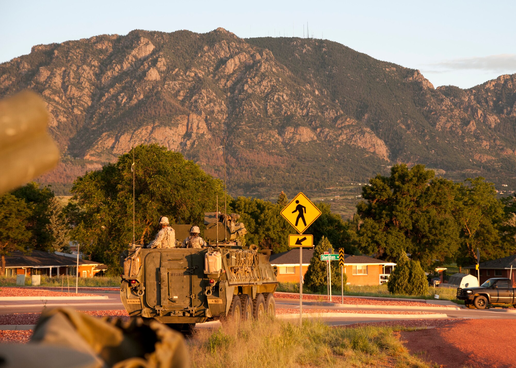 FORT CARSON, Colo. – Soldiers from the 4th Infantry Division 1st Stryker Brigade Combat Team respond to a blocking exercise at Cheyenne Mountain Air Force Station, July 15, 2015. The exercise tests the ability of Fort Carson and CMAFS to execute the existing Support Agreement ensuring the support between 21st Space Wing assets and Fort Carson during real world situations. (U.S. Air Force photo by Senior Airman Tiffany DeNault)