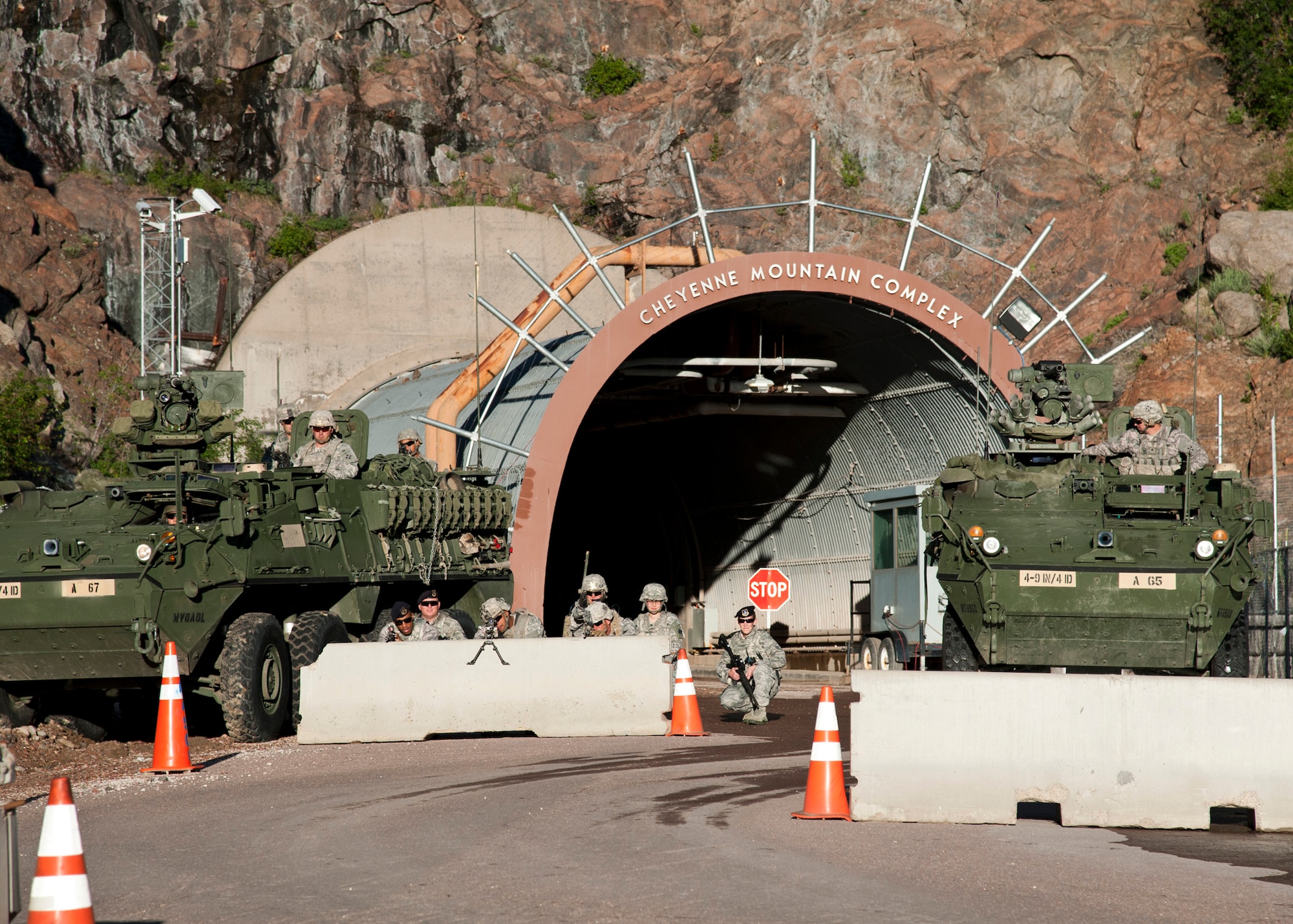 CHEYENNE MOUNTAIN AIR FORCE STATION, Colo. – Soldiers, from the 4th Infantry Division 1st Stryker Brigade Combat Team, and Airmen from the 721st Security Forces Squadron, conducted a blocking force exercise at Cheyenne Mountain Air Force Station, July 15, 2015. The purpose of the exercise was to demonstrate Fort Carson and CMAFS’s ability to execute a joint mission, manage resources, stewardship of manpower and equipment readiness. (U.S. Air Force photo by Senior Airman Tiffany DeNault)