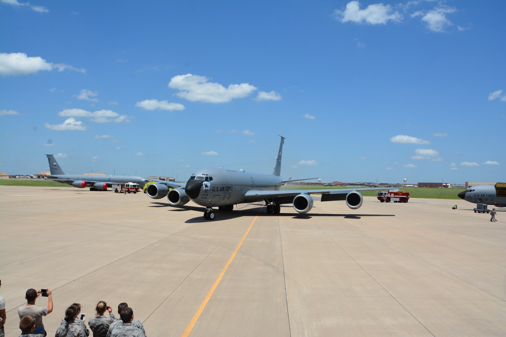 A 137th Air Refueling Wing aircrew taxis in a Reserve KC-135R as they completed the last day flight of the association, June 24, 2015 at Tinker Air Force Base. This final fight marks an end to the formal Air Reserve Component Association between the 507th Air Refueling Wing and the 137th ARW (U.S. Air Force Photo/Maj. Jon Quinlan).