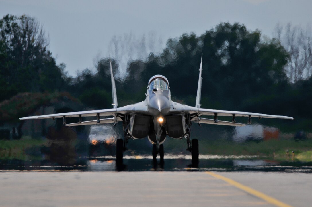 A Bulgarian air force MiG-29 Fulcrum taxis back to the ramp at Graf Ignatievo Air Base, Bulgaria, during Thracian Star on July 15, 2015. Airmen and F-16s from the 177th Fighter Wing of the New Jersey Air National Guard flew sorties with the Bulgarian air force at Thracian Star, a bilateral training exercise designed to enhance interoperability. (U.S. Air National Guard photo by Master Sgt. Andrew J. Moseley/Released)