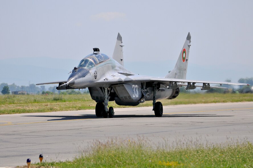 A Bulgarian air force MiG-29 Fulcrum taxis after landing at Graf Ignatievo Air Base, Bulgaria, during Thracian Star on July 13, 2015. Airmen and F-16s from the 177th Fighter Wing of the New Jersey Air National Guard flew sorties with the Bulgarian air force at Thracian Star, a bilateral training exercise designed to enhance interoperability. (U.S. Air National Guard photo by Master Sgt. Andrew J. Moseley/Released)