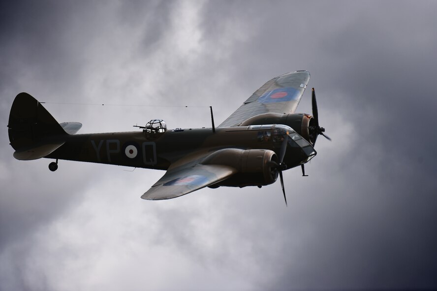 A Bristol Blenheim light bomber breaks through the clouds above RAF Fairford, United Kingdom, during the Royal International Air Tattoo, July 17, 2015. The Blenheim served as one of the centerpiece demonstrations commemorating the 75th anniversary of the Battle of Britain. (U.S. Air Force photo by Staff Sgt. Jarad A. Denton/Released)