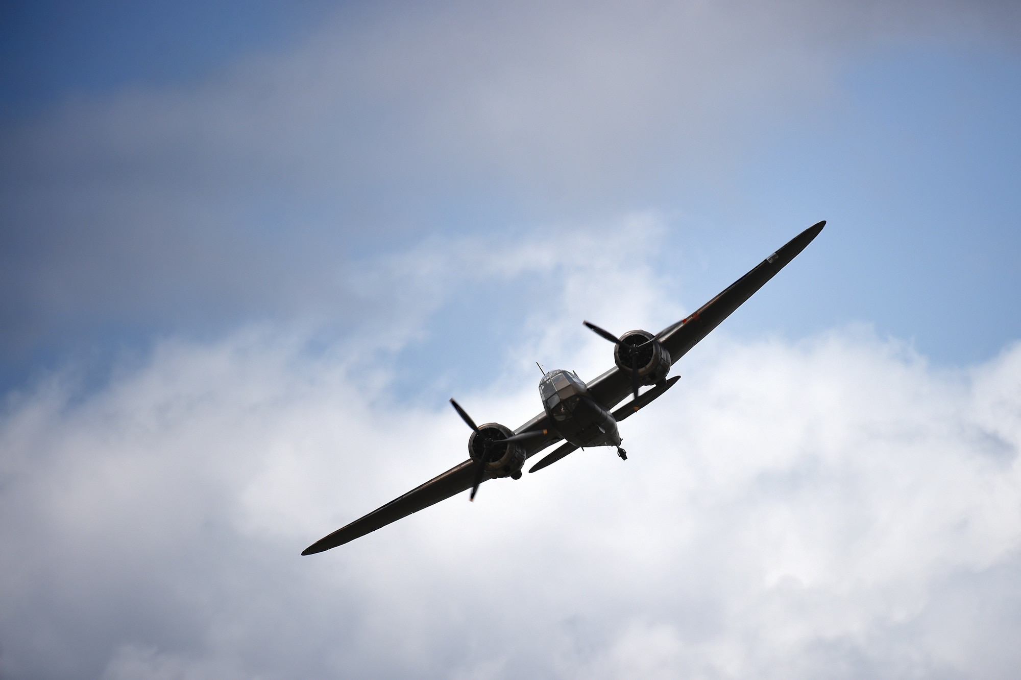 A Bristol Blenheim light bomber banks in the sky above RAF Fairford, United Kingdom, during the Royal International Air Tattoo, July 17, 2015. Built by the Bristol Aeroplane Company, the aircraft was used extensively in the early days of World War II. (U.S. Air Force photo by Staff Sgt. Jarad A. Denton/Released)
