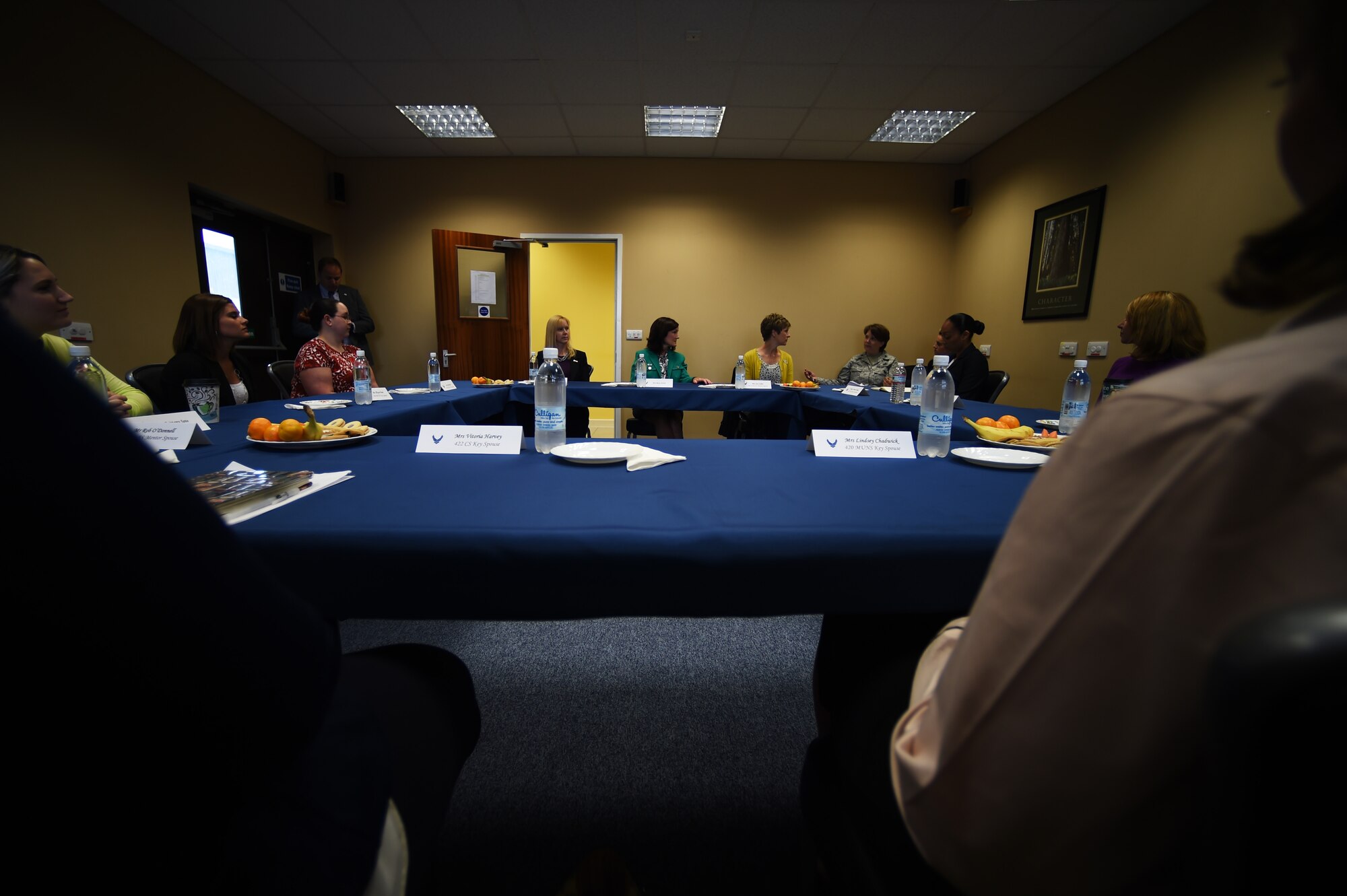 Spouses from the 501st Combat Support Wing discuss the key spouse program with Betty Welsh, wife of U.S. Air Force Chief of Staff, Gen. Mark A. Welsh III, during a meeting at RAF Croughton, United Kingdom, July 16, 2015. Welsh engaged with spouses on issues affecting them, at a local, national and international level. (U.S. Air Force photo by Staff Sgt. Jarad A. Denton/Released)