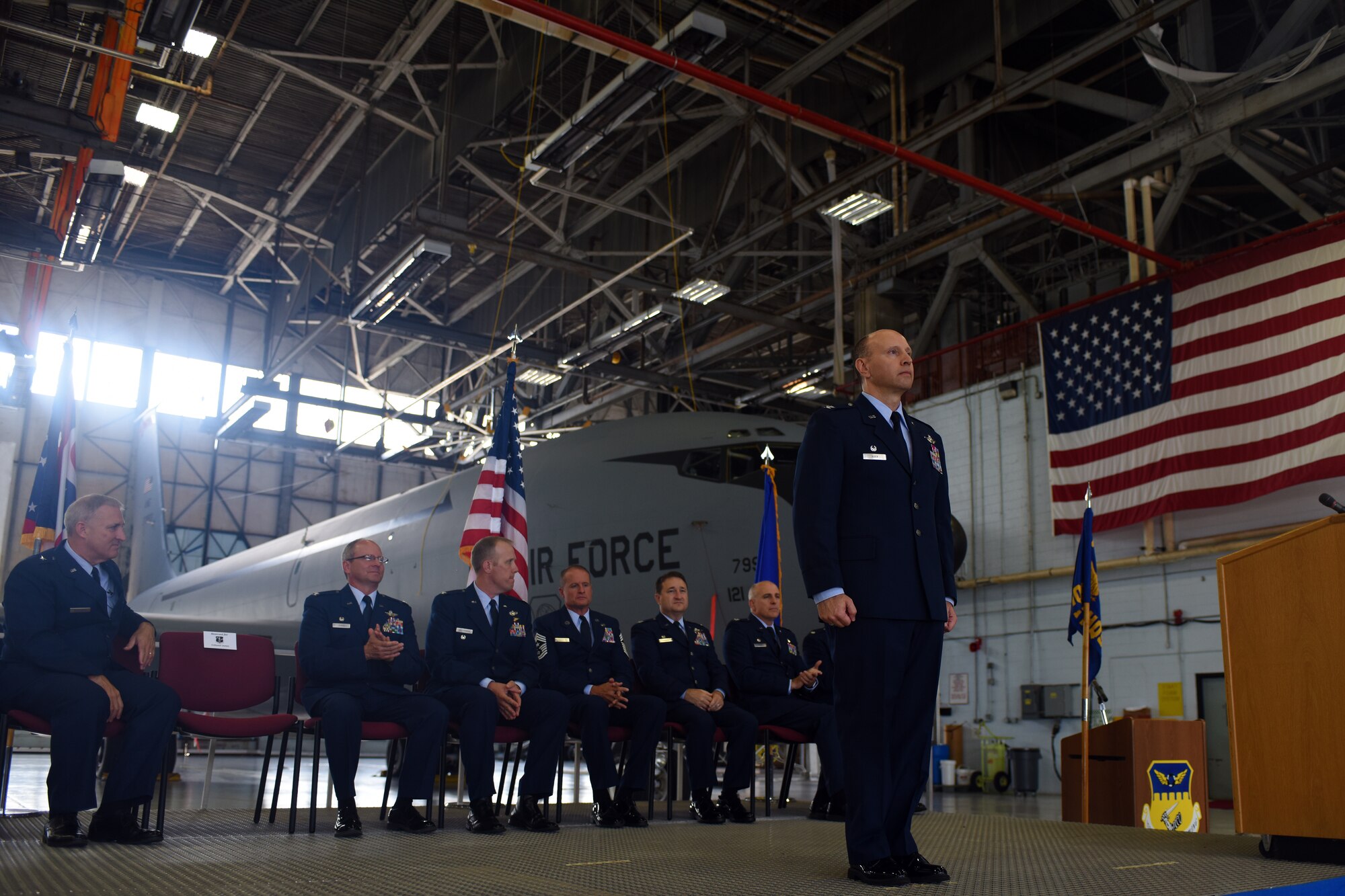 U.S. Air Force Col. Mark Auer stands front and center during the 121st Air Refueling Wing's change of command ceremony July 12, 2015, at Rickenbacker Air National Guard Base, Ohio. Command of the wing was transferred from U.S. Air Force Col. Jim Jones to Col. Mark Auer.(U.S. Air National Guard photo by Master Sgt. Ralph Branson/Released)
