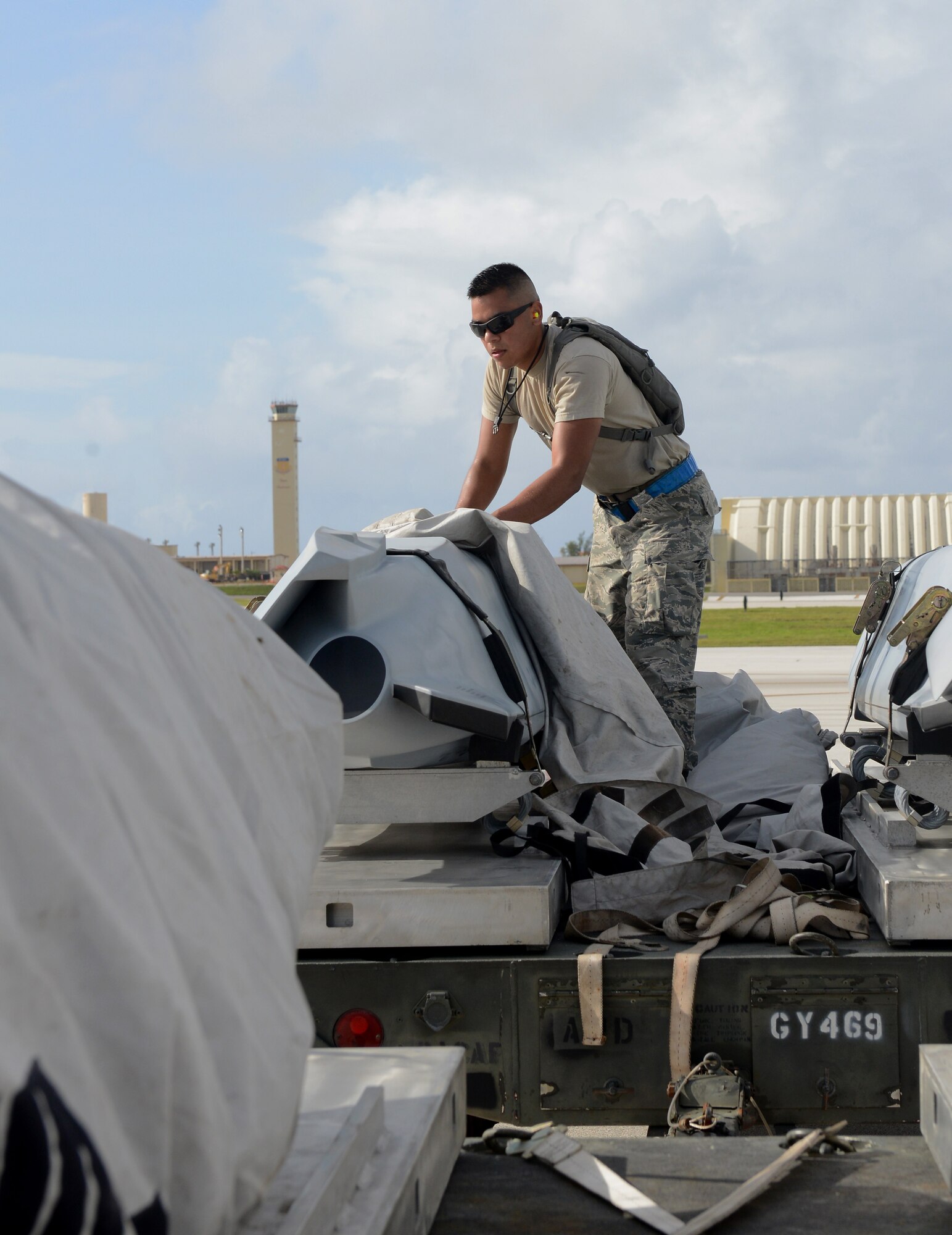 U.S. Air Force Airman 1st Class Uriel Vargas, 36th Expeditionary Aircraft Maintenance Squadron weapons load crew member, deployed from Barksdale Air Force Base, Louisiana, inspects cruise missiles, July 16, 2015, Andersen Air Force Base, Guam. The mission is in support of U.S. Pacific Command’s Continuous Bomber Presence, which demonstrates the United States commitment to the security and stability of the Indo- Asia Pacific region. (U.S. Air Force photo by Airman 1st Class Arielle Vasquez/Released)

