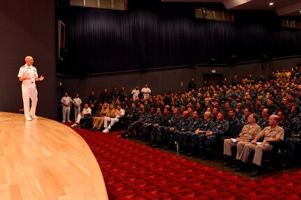 YOKOSUKA, Japan (July 22, 2015) Adm. Scott Swift, commander of U.S. Pacific Fleet, holds a question and answer session with Sailors during an all-hands call aboard Fleet Activities Yokosuka. Swift is visiting Japan as part of a three nation tour of the Indo-Asia-Pacific region, his first as commander of U.S. Pacific Fleet. 