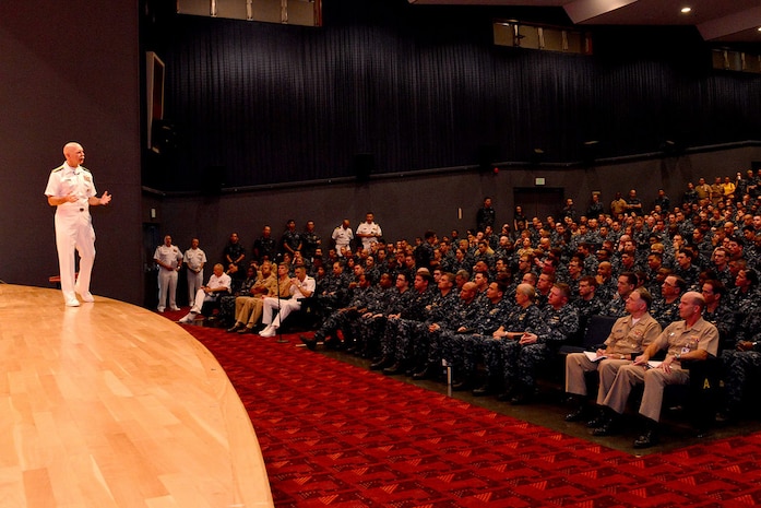 YOKOSUKA, Japan (July 22, 2015) Adm. Scott Swift, commander of U.S. Pacific Fleet, holds a question and answer session with Sailors during an all-hands call aboard Fleet Activities Yokosuka. Swift is visiting Japan as part of a three nation tour of the Indo-Asia-Pacific region, his first as commander of U.S. Pacific Fleet. 