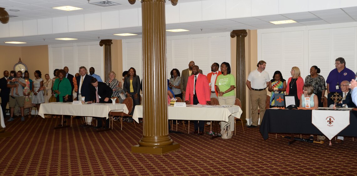 Area school administrators partner with Marine Corps Community Services staff at Marine Corps Logistics Base Albany to kick off the academic school year during the installation’s Operation Tools for School event at the Town and Country Restaurant Grand Ballroom, July 21. The activity provided opportunities for active-duty service members, their spouses and children to obtain relevant information from local and neighboring counties’ public, private, virtual online and home school systems representatives.