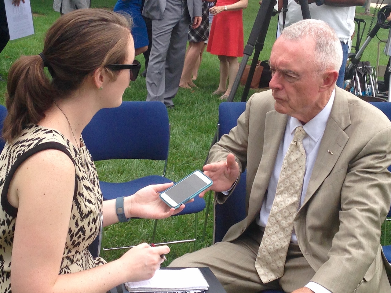 Retired Army Gen. Barry McCaffrey, the World War I Centennial Commission's senior advisor for development, explains to a reporter the significance of ensuring a suitable observance and memorial of the war through education and remembrance during an event on Capitol Hill in Washington, July 21, 2015. The commission hopes to break ground for a national World War I Memorial on Veterans Day 2017. DoD photo by Amaani Lyle