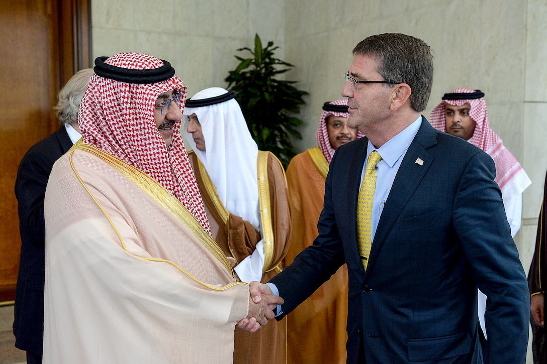U.S. Defense Secretary Ash Carter shakes hands with Saudi Crown Prince Muhammed bin Nayef in Jiddah, Saudi Arabia, July 22, 2015. Carter, who is on a weeklong trip to the Middle East, met with Saudi leaders to discuss matters of mutual importance.