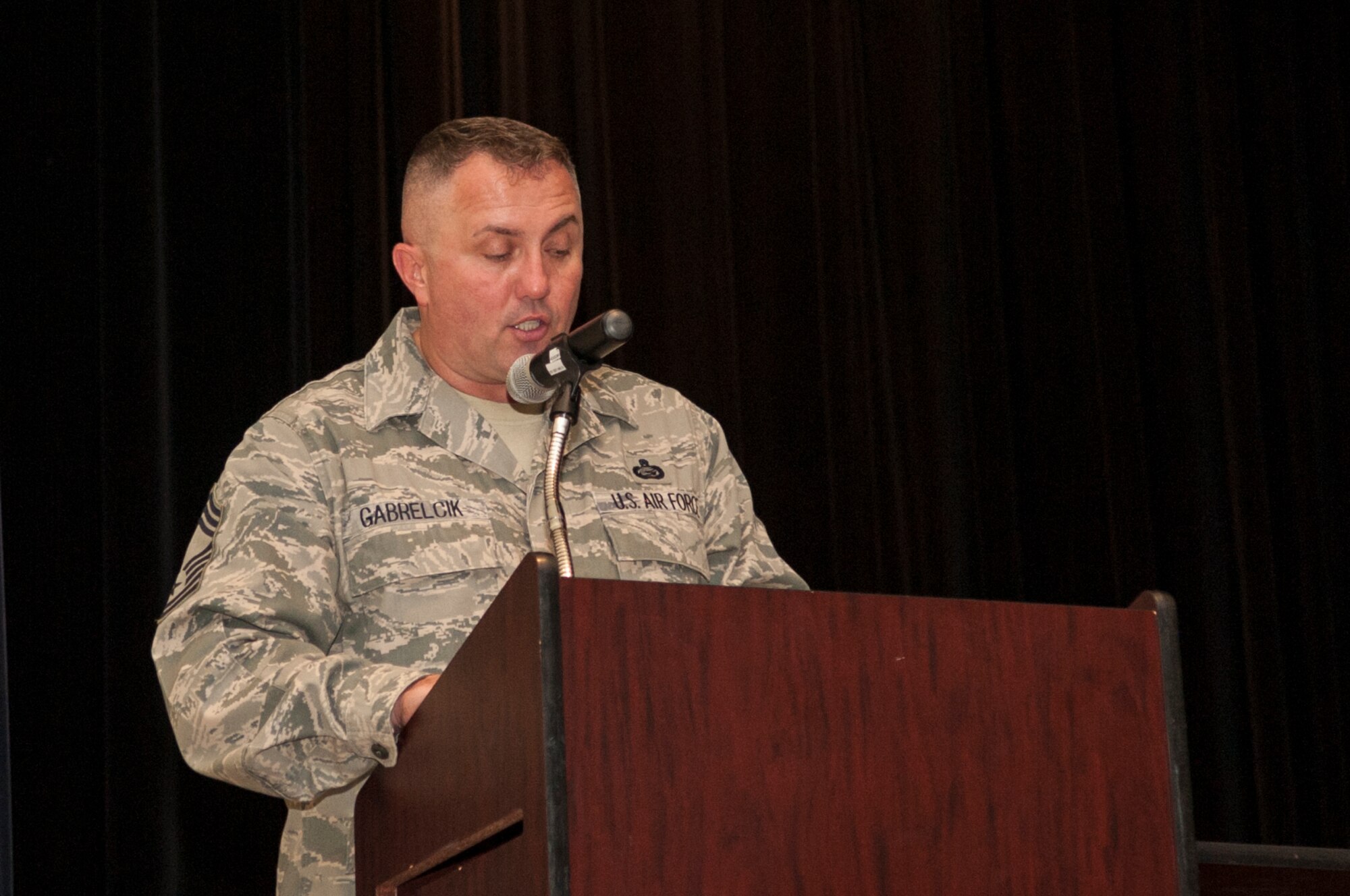 Chief Master Sgt. Jeff Gabrelcik, U.S. Air Force Headquarters chief of personnel policy, discusses changes to the Enlisted Evaluation System, July 21, 2015, at Seymour Johnson Air Force Base, North Carolina. The Air Combat Command Roadshow outlined all changes made to the Enlisted Evaluation System and the Weighted Airman Promotion System. (U.S. Air Force photo/Airman Shawna L. Keyes)