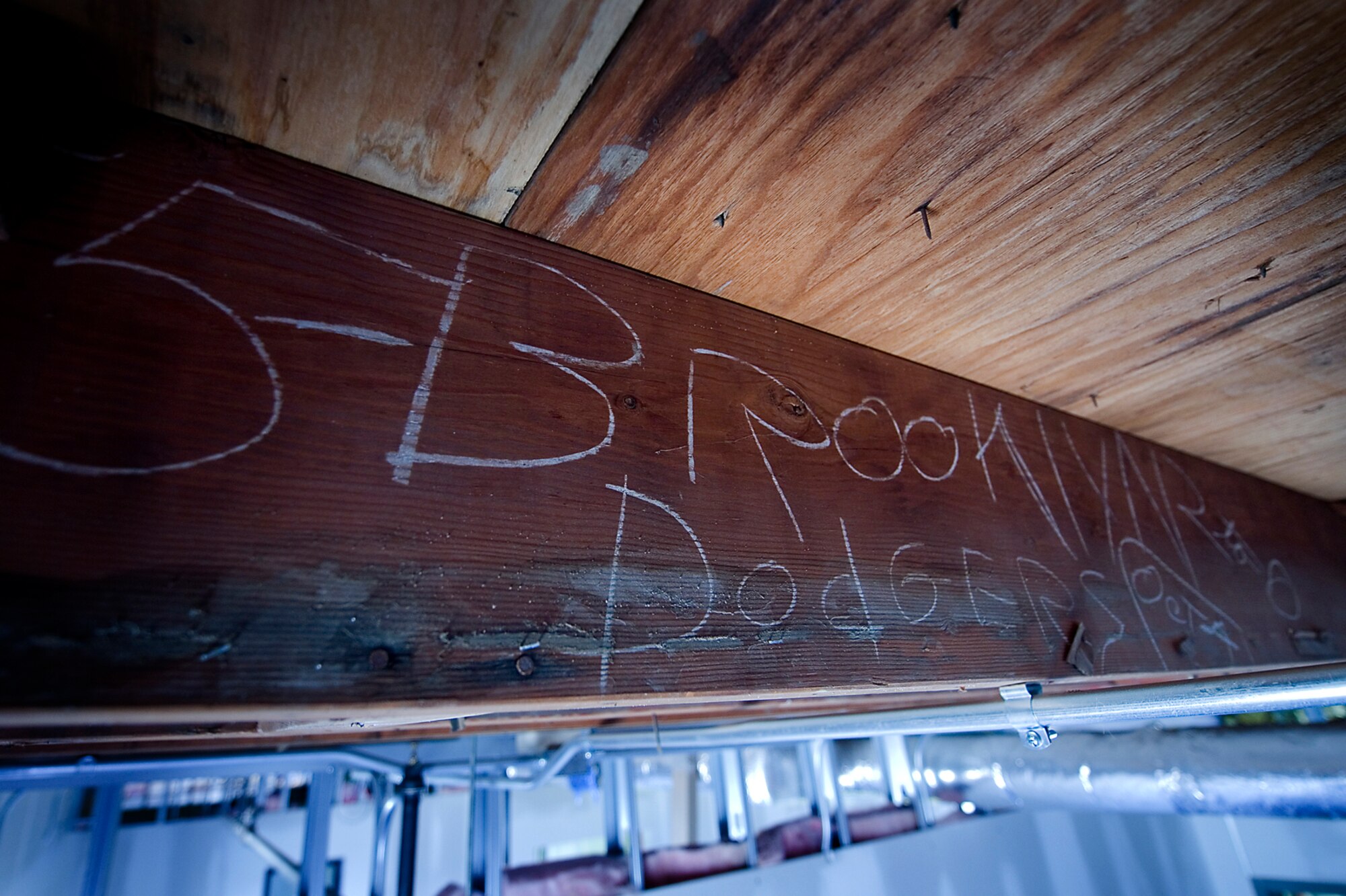 Construction workers discovered the score of the 1955 World Series game scribed in chalk during a renovation project of Bldg. 430 at Grissom Air Reserve Base, Ind., recently. The find was done as workers are converting the former 434th Security Forces Squadron building to a home for the 434th Civil Engineer Squadron?s explosive ordnance disposal unit. (U.S. Air Force photo/Tech. Sgt. Douglas Hays)