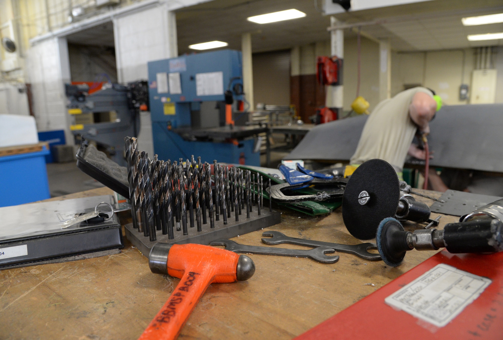 Tools lay on a counter for future used on an upper body cowling on Barksdale Air Force Base, La., July 20, 2015. Aircraft structural maintenance is also known as sheet metal; Airmen repair or replace sheet metal and fix loose rivets and cracks on the B-52. (U.S. Air Force photo/Senior Airman Jannelle Dickey) 