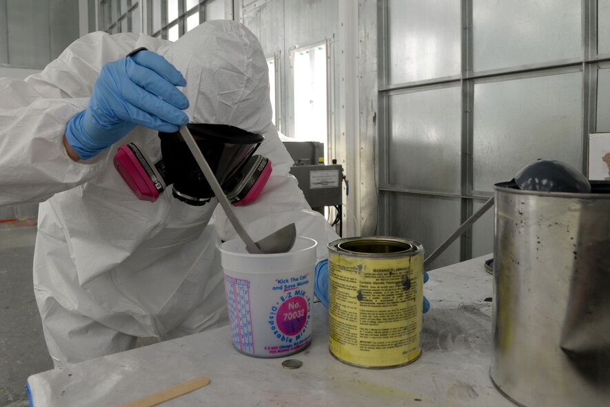 Senior Airman Dylan Fox, 707th Maintenance Squadron aircraft structural maintenance journeyman, mixes paint on Barksdale Air Force Base, La., July 20, 2015. Airmen from sheet metal ensure the B-52 Stratofortress are mission ready by maintaining, painting and building parts. (U.S. Air Force photo/Senior Airman Jannelle Dickey)