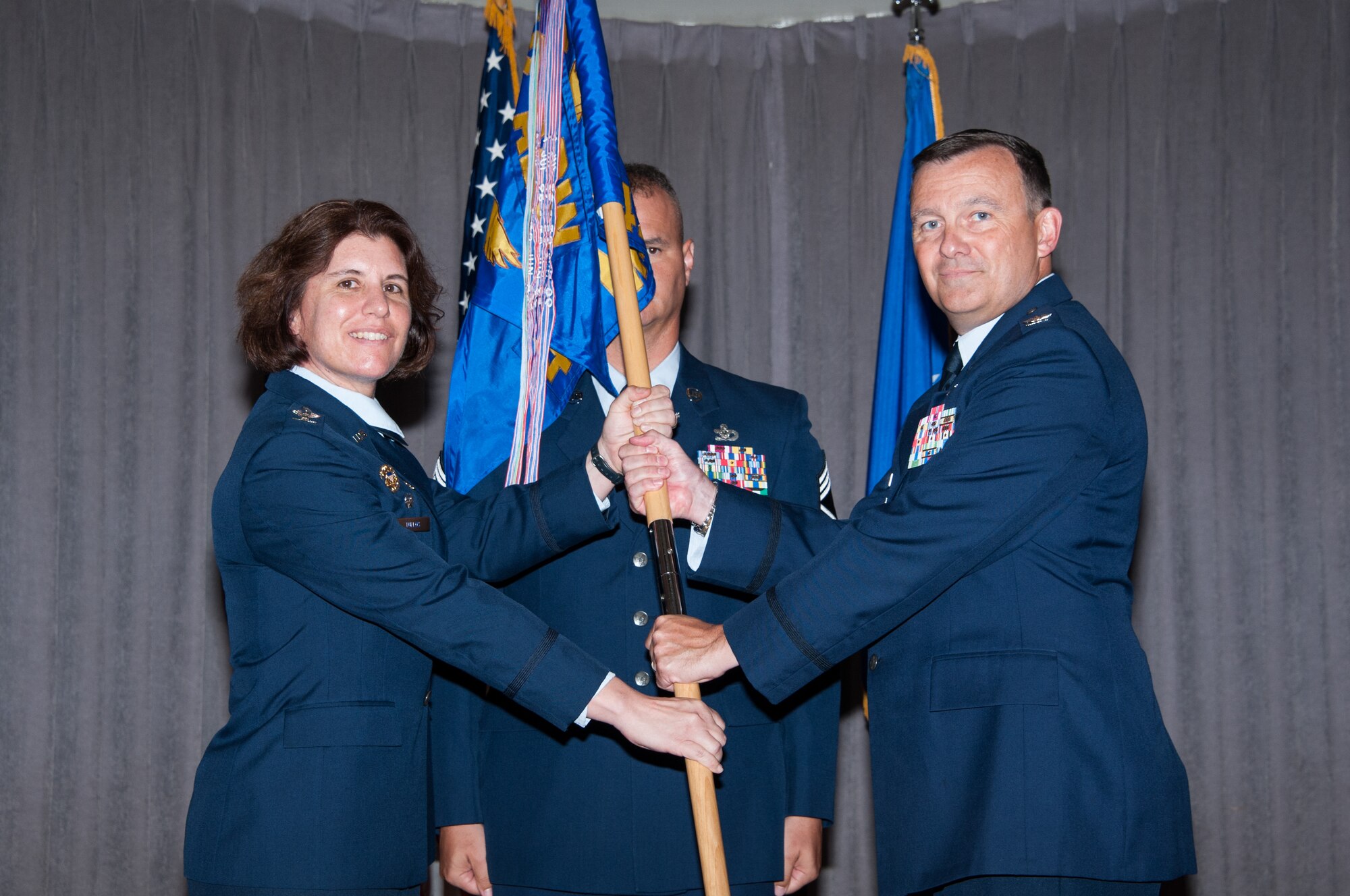 Col. Donald Lewis assumed command of the 42nd Mission Support Group during a change of command ceremony July 14, 2015, Maxwell Air Force Base, Alabama.  Lewis assumed command from Col. Michael Borgert, who will now serve as an Air Force legislative liaison officer at the Pentagon. Lewis’ previous assignment was as Security and Mission Assurance division chief for Headquarters Air Force Space Command, Peterson Air Force Base, Colorado. (U.S. Air Force photo by Henry Hancock)