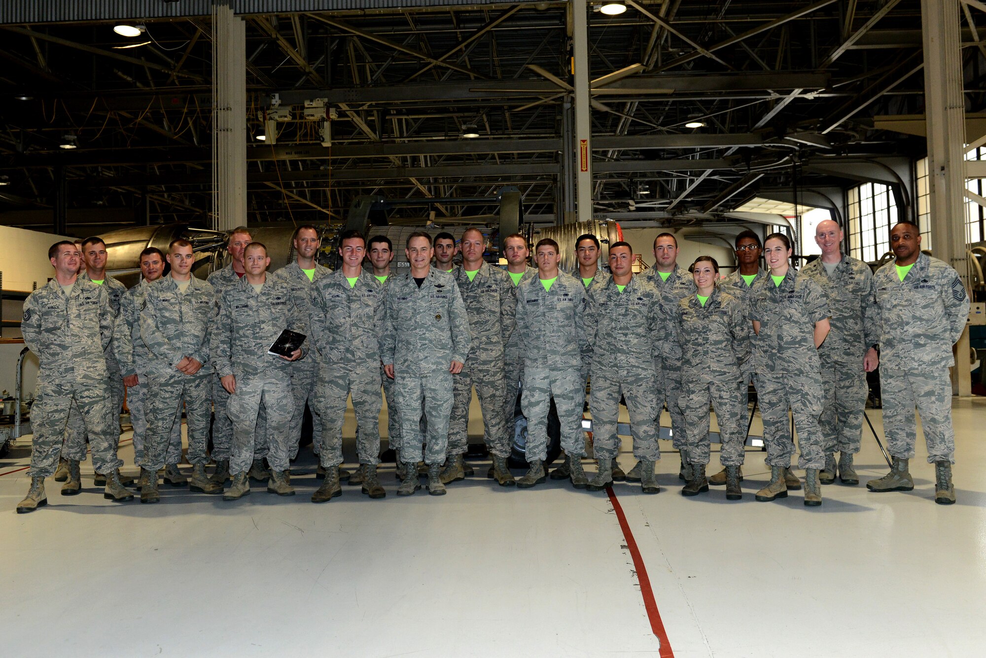 U.S. Air Force Maj. Gen. H. D. Polumbo Jr., Ninth Air Force commander,
gathers with Airmen from the 20th Maintenance Group Air Force Repair
Enhancement Program and the 20th Component Maintenance Squadron Jet Engine
Intermediate Maintenance Section for a photo at Shaw Air Force Base, S.C.,
July 17, 2015. Polumbo visited the section to recognize the Airmen for their
support in maintaining the mission and saving the 20th Fighter Wing time and
money by repairing broken equipment. He also thanked them for maintaining
his jet engine, enabling him to fly for more than 30 years without any major
problems. (U.S. Air Force photo by Senior Airman Diana M. Cossaboom/Released)

