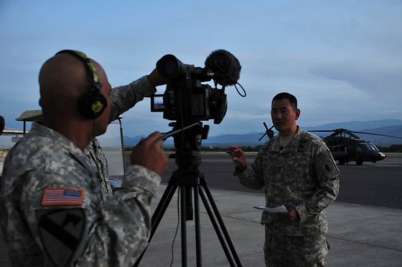 SOTO CANO AIR BASE, Honduras – Maj. Gen. K. K. Chinn, U.S. Army South commanding general, conducts an interview with Soldiers from American Forces Network, Honduras, July 17, 2015, during his three-day visit to Joint Task Force-Bravo. During the interview, Chinn spoke of the importance of building partnerships and trust among U.S. regional neighbors and said that JTF-Bravo Soldiers do this daily at the tactical level. (U.S. Air Force photo by Capt. Christopher Love)