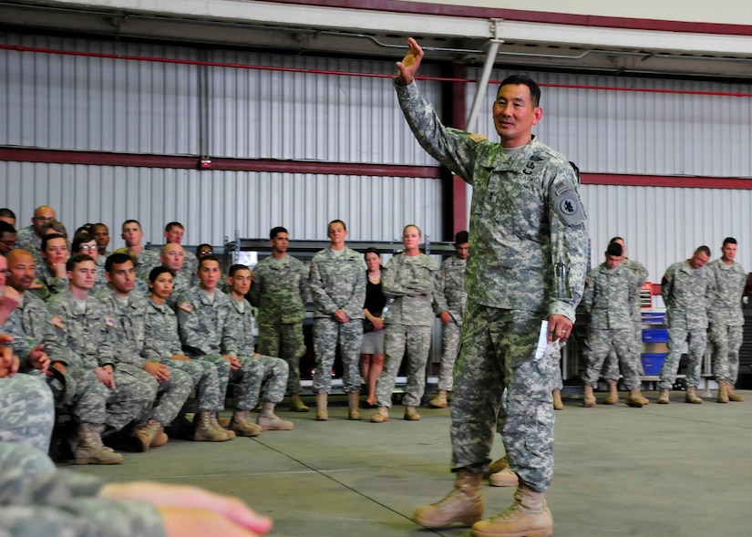 SOTO CANO AIR BASE, Honduras – Maj. Gen. K. K. Chinn, U.S. Army South commanding general, speaks with Soldiers at a town hall meeting during his visit to Joint Task Force-Bravo July 17, 2015. Chinn fielded questions on topics such as resources, education, training and leadership and concluded by challenging Soldiers to “Think like a leader all the time, do the right thing, and have a positive attitude.” (U.S. Air Force photo by Capt. Christopher Love)