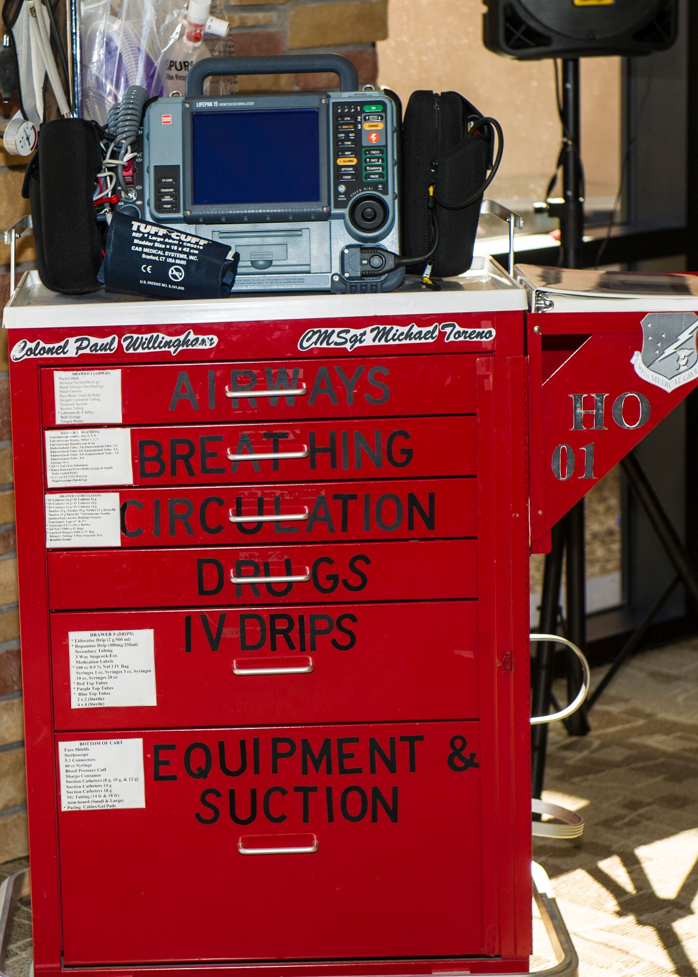 Colonel Paul Willingham’s name is shown on a crash cart displayed at the 49th Medical Group change of command ceremony at Holloman Air Force Base, N.M. on July 21. During the ceremony, Willingham assumed command of the 49th MDG from Col. Leslie Knight. (U.S. Air Force photo by Airman 1st Class Emily A. Kenney)