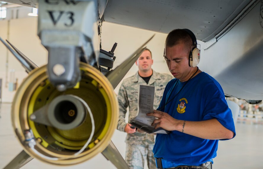 U.S. Air Force Staff Sgt. Brian Chatham, 23d Maintenance Group weapons standardization technician, looks on as Staff Sgt. Jorge Bautista, 74th Aircraft Maintenance Unit weapons load team chief, reviews his checklist during the load crew of the quarter competition July 17, 2015, at Moody Air Force Base, Ga. Each team was inspected by three evaluators to ensure they followed all necessary steps on the checklist and completed tasks safely and efficiently. (U.S. Air Force photo by Airman 1st Class Ceaira Tinsley/Released)